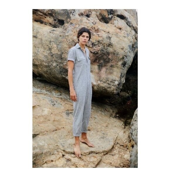 OZMA Painter's Hemp Jumpsuit - Ticking Stripe - Picture 1 of 11